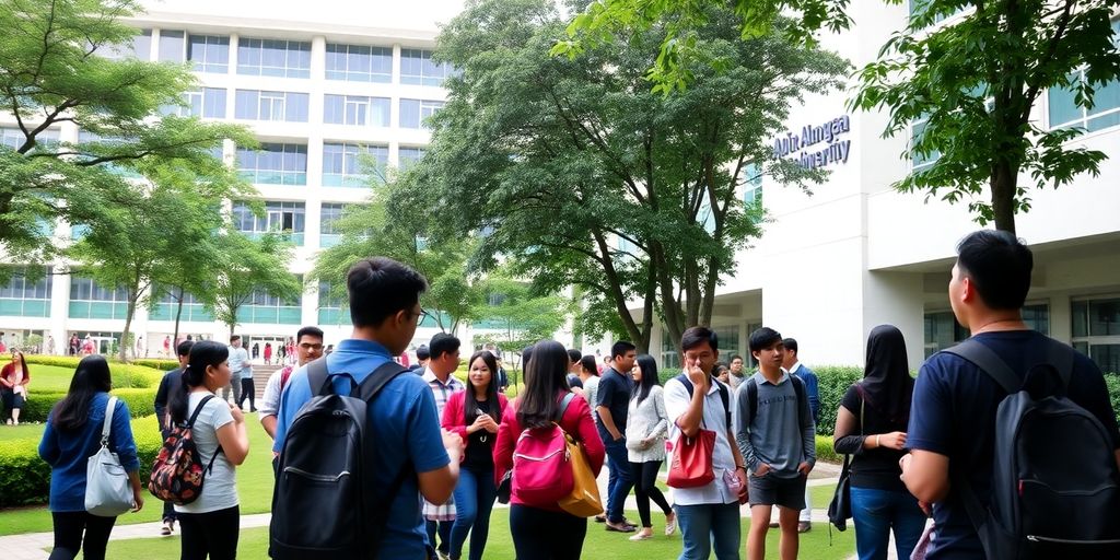 Kampus Airlangga dengan mahasiswa yang berdiskusi.