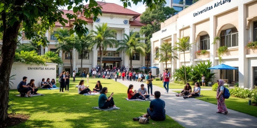 Kampus Universitas Airlangga dengan mahasiswa dan lingkungan hijau.