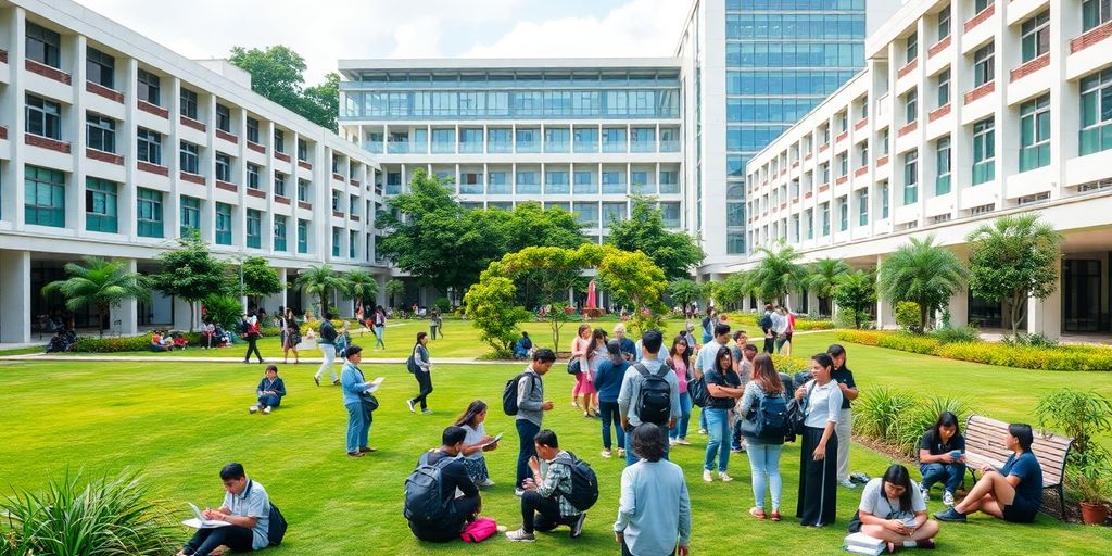 Gambaran kampus dengan mahasiswa yang sedang berdiskusi.