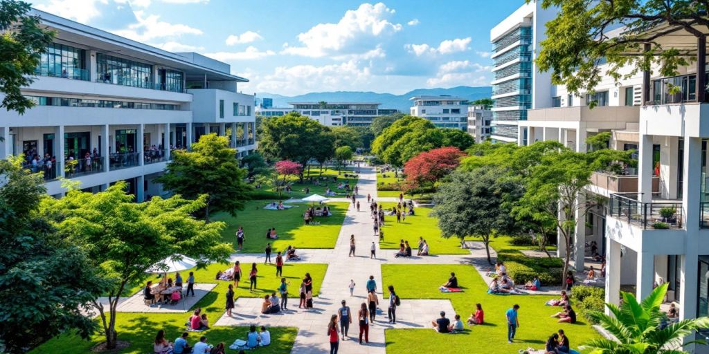 Kampus universitas yang ramai dengan mahasiswa beraktivitas.