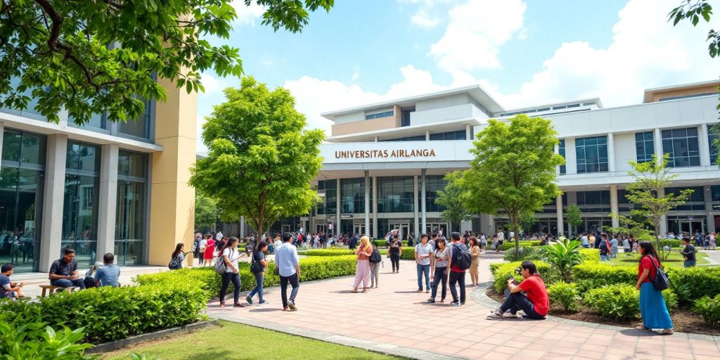 Kampus Universitas Airlangga yang ramai dengan mahasiswa.