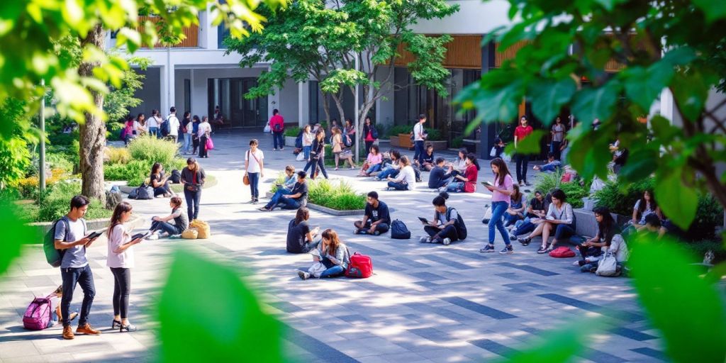 Kampus yang ramai dengan mahasiswa dan arsitektur modern.