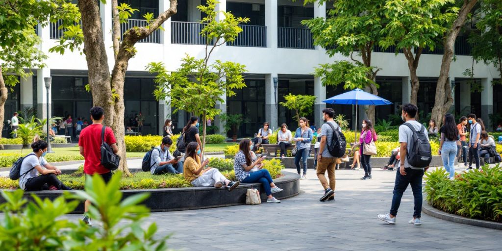 Kampus Universitas Airlangga dengan mahasiswa beraktivitas.